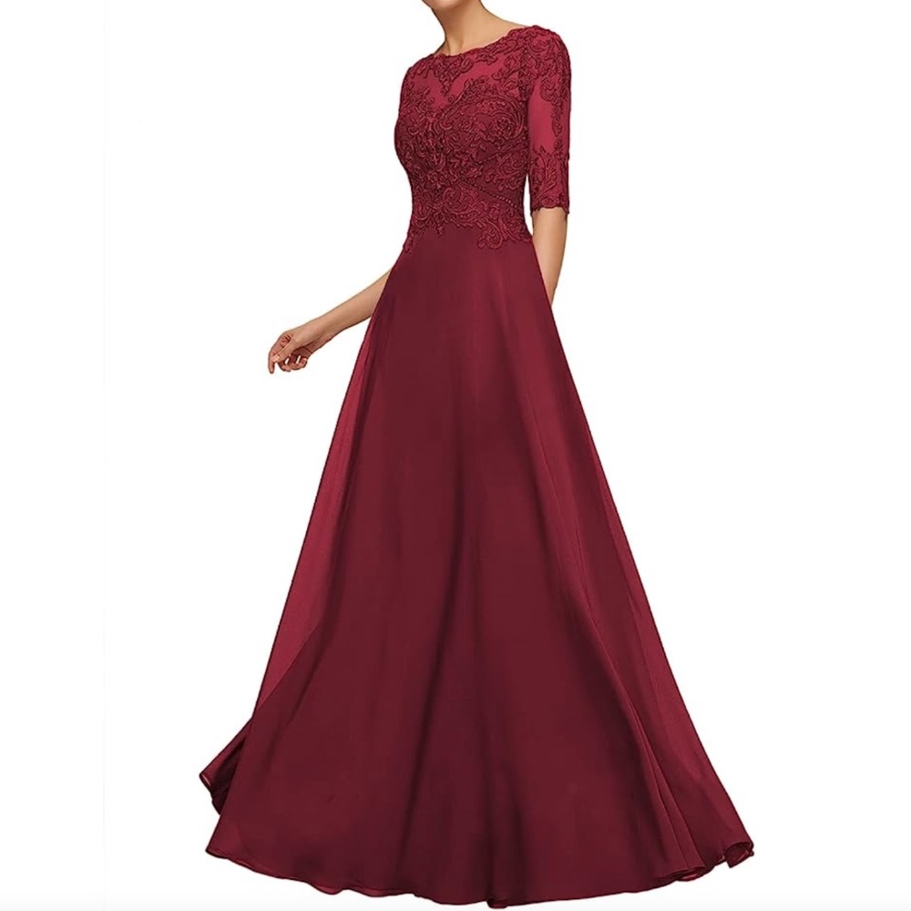 Lace Appliques Mother of The Bride Dress- Floor Length - Burgundy - Size 16